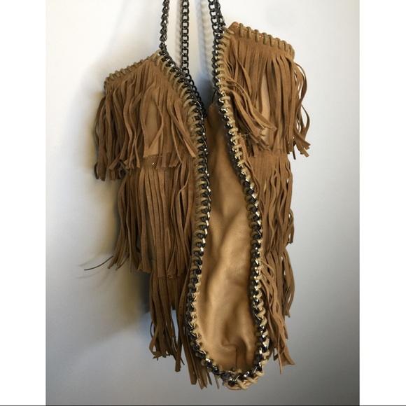 Camel colour leather (?) fringed bag/ chain straps - Picture 3 of 8